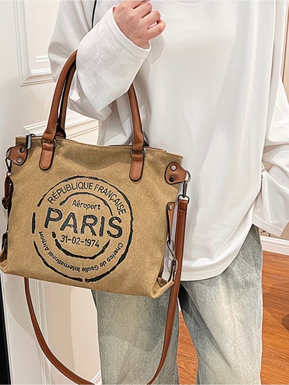 👜 HOST PICK 👜 POSH Refresh 💖Vintage Paris Stamp Tote in Tan with Brown Trim - Picture 3 of 4